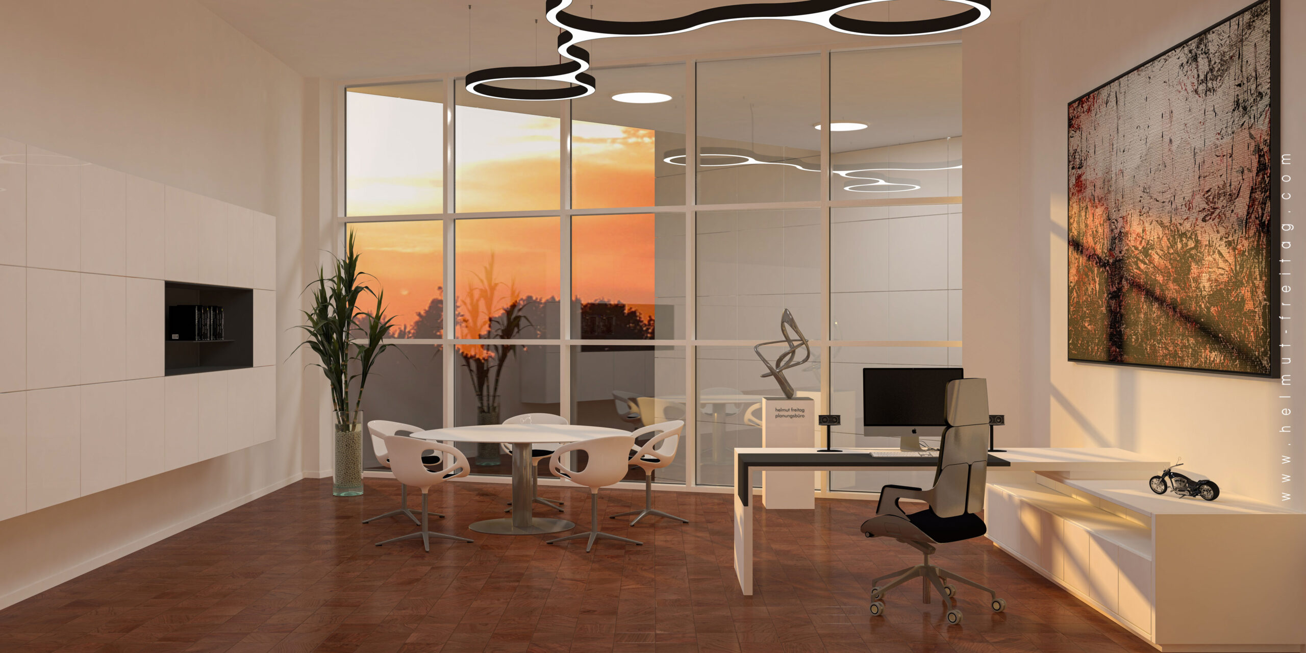 Modernes Architekturbüro mit Designmöbeln, Glaswand, Kunst an der Wand und Sonnenuntergang im Hintergrund