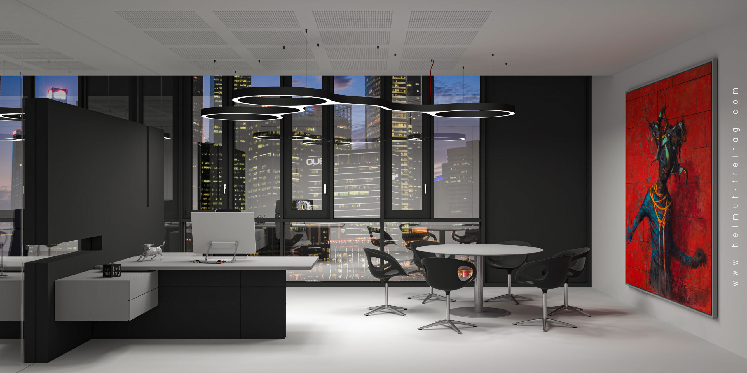 Modernes Büro mit dunkler Einrichtung, großem Fenster mit Skyline-Blick, Kunst an der Wand und Designbeleuchtung